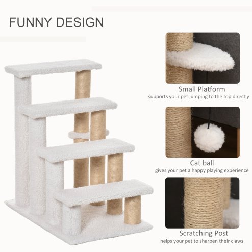 PawHut Pet Stair, Cat Tree with 4-step Climb Ladder, Scratching Posts, Platforms, Toy Ball, for Indoor Elderly Cats Kittens, White