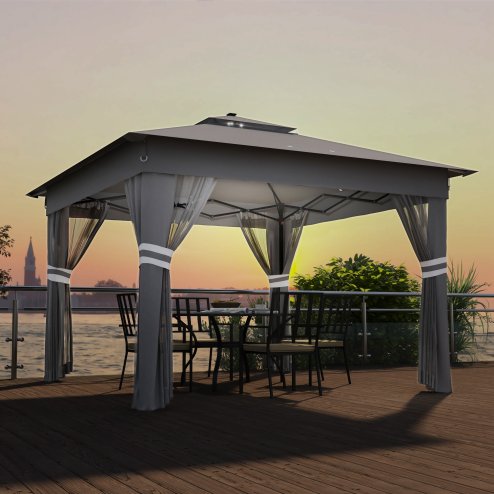 Outsunny 3 x 3(m) Pop Up Gazebo with Sides, 20 Solar-Powered LED Lights, Netting, Roller Bag, 4 Weight Bags, Marquee Party Tent, Height Adjustable Instant Event Shelter, Grey