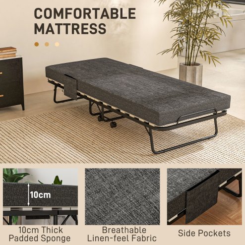 HOMCOM Folding Bed with Mattress, Foldable Guest Bed on Wheels, Portable Single Bed with 10cm Mattress, Side Pockets, Cover, 190 x 80cm, Dark Grey