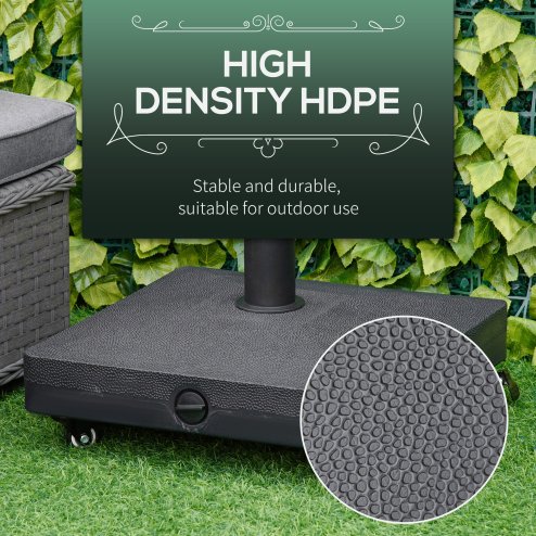 Outsunny Heavy Duty Garden Parasol Base Stand with Wheels, 18kg Sand or 16kg Water Filled Patio Umbrella Base Square Outdoor Umbrella Stand Holder, Black