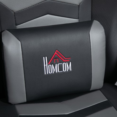 HOMCOM Massage Recliner Chair with Remote, PU Leather Recliner Armchair with Cup Holders and Side Pockets, Racing Style Reclining Chair with Headrest, 360° Swivel, Lumbar Support, Grey