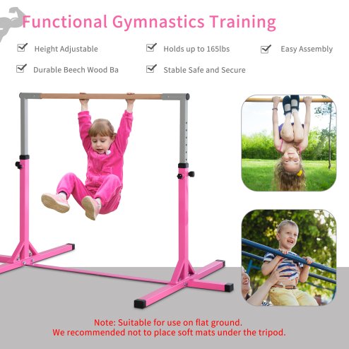 HOMCOM Height Adjustable Gymnastics Horizontal Bar For Kids Home Gym Training Children Junior Kip High Bar Fitness, Pink