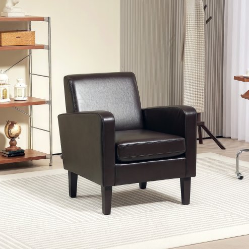 HOMCOM Modern Wingback Living Room Chair, Upholstered PU Leather Accent Armchair,  Single Sofa Chair with Lounge Seat and Wood Legs for Bedroom/Office/Reading Spaces, Brown Image