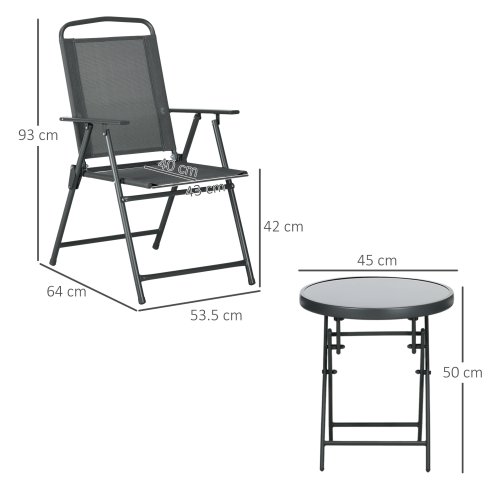 Outsunny Garden Bistro Set, 3 Pieces Table and Chairs Set, Outdoor Garden Furniture with Foldable Breathable Mesh Fabric Armchairs & Glass Top Coffee Table, Dark Grey