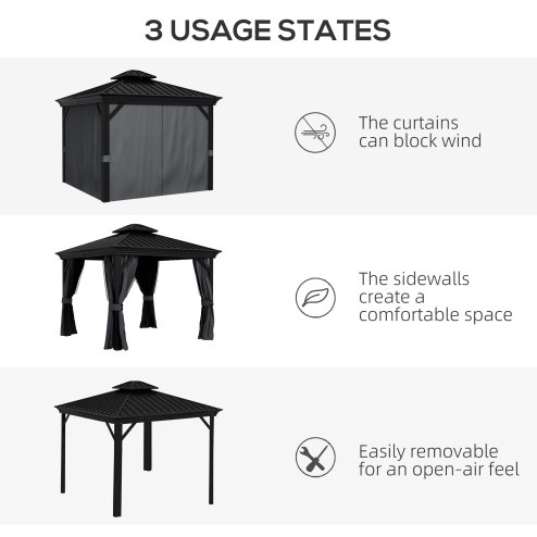 Outsunny 3 x 3.7m Outdoor Hardtop Gazebo Canopy Aluminium Frame with 2-Tier Roof & Mesh Netting Sidewalls for Patio, Dark Grey