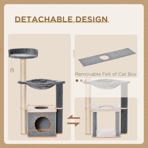 PawHut Cat Tree for Indoor Cats 95cm Climbing Tower Kitten Activity Center with Sisal Scratching Post Perch Roomy Condo Hammock Removable Felt Hanging Toy, Grey