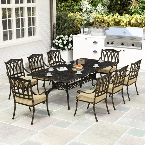 Outsunny 9 Pieces Cast Aluminium Garden Dining Set, 8 Seater Garden Table and Chairs with Parasol Hole, Outdoor Garden Furniture Set with Cushions for Patio, Bronze Tone