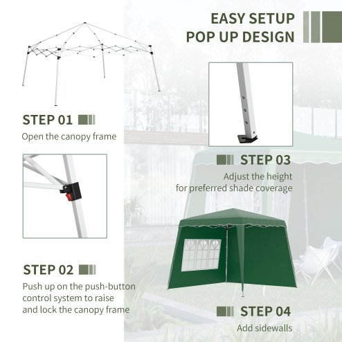 Outsunny 2.4 x 2.4m Pop Up Gazebo Canopy Tent with 2 Sidewalls and Carry Bag, Height Adjustable, UV50+ Party Tent Event Shelter for Garden, Patio, Green