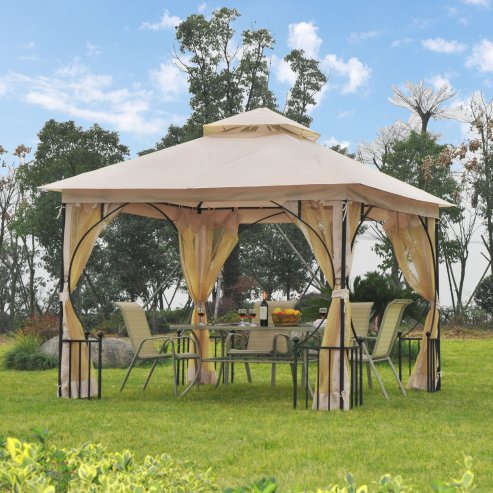 Outsunny 3 x 3m Garden Gazebo Patio Party Tent Shelter Outdoor Canopy Double Tier Sun Shade with Metal Frame and Netting, Beige