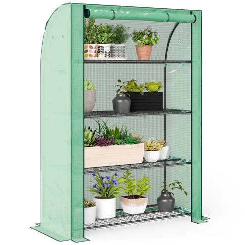 Outsunny 4 Tier Mini Greenhouse with Reinforced PE Cover, Portable Indoor Outdoor Green House with Roll-up Door and Wire Shelves, 170H x 120W x 50Dcm, Green
