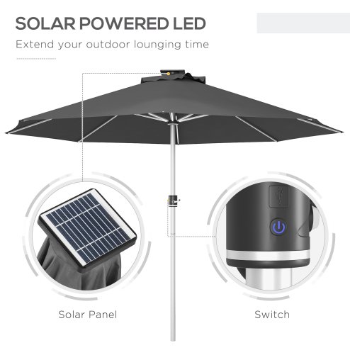 Outsunny 3(m) Solar Powered Garden Parasol with Lights, LED Lighted Deck Umbrella with 48mm Aluminium Pole, Crank, Solar Charged and USB Type-c, for Balcony, Outdoor and Lawn, Charcoal Grey