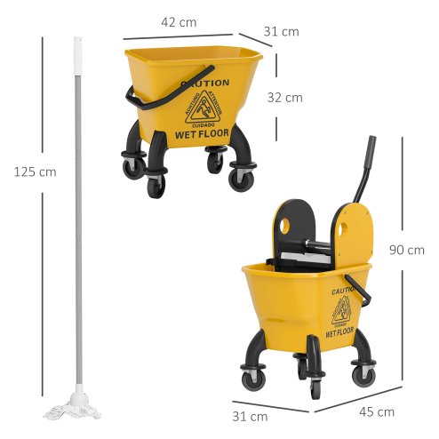 HOMCOM Mop Bucket with Wringer Set on Wheels for Floor Cleaning, 26 Litre Down Press Wringer with Handle and Mop, Yellow