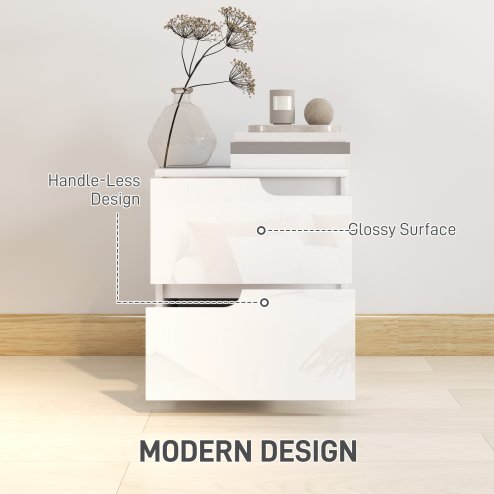 HOMCOM Bedside Table, Bedside Cabinet with 2 Drawers, Modern Side Table with Storage for Bedroom, Living Room, High Gloss White