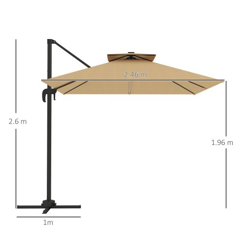 Outsunny 2.5m Cantilever Parasol with Solar Powered LED Lights, Double Top Square Overhanging Garden Parasol with 360 Rotation, Tilt Adjustment, Crank Handle, Khaki