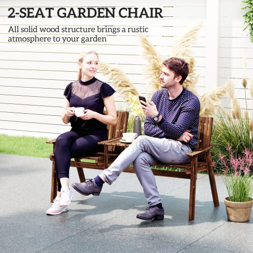 Outsunny 2-Seater Wooden Garden Bench, Antique Loveseat Chair with Table & Parasol Hole, Outdoor Bench for Porch, Patio, Carbonised Finish