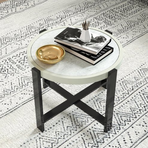 Outsunny Round Small Garden Table, 60cm Outdoor Side Table with Faux Marble Tempered Glass Top, Aluminium Frame for Garden, Patio, Balcony, Light Grey