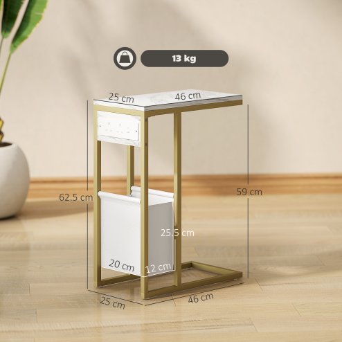 HOMCOM C Shaped Side Table with Storage and Charging Station, Faux Marble Narrow Bedside Table with Fabric Storage Bag and Steel Frame for Living Room, Bedroom, White