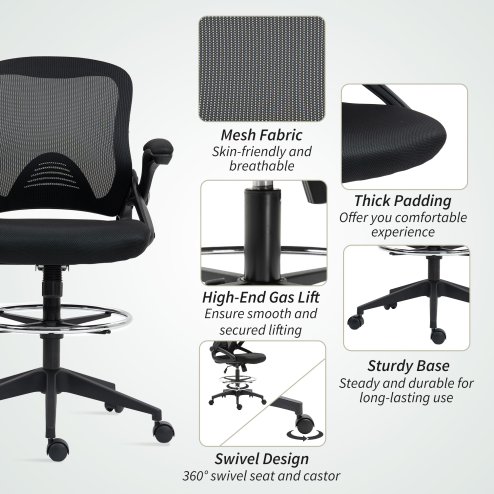 Vinsetto Drafting Chair with Flip-up Armrest, Mesh Office Stool with Foot Ring, 360 Degree Swivel Height Adjustable Chair for Standing Desk, Black