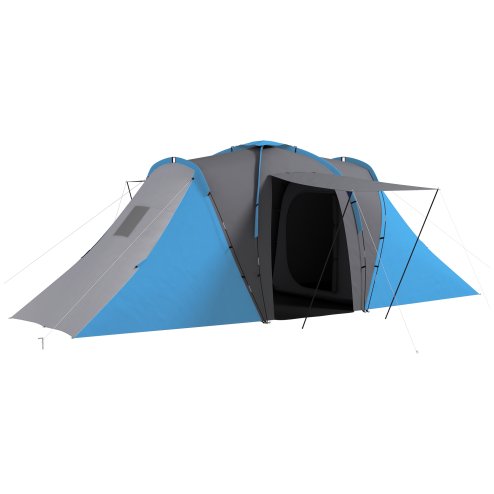 Outsunny 4-6 Man Tunnel Tent with 2 Bedroom and Living Area, Large Camping Tent, 2000mm Waterproof, Portable with Bag, for Fishing Hiking Festival, Grey and Blue