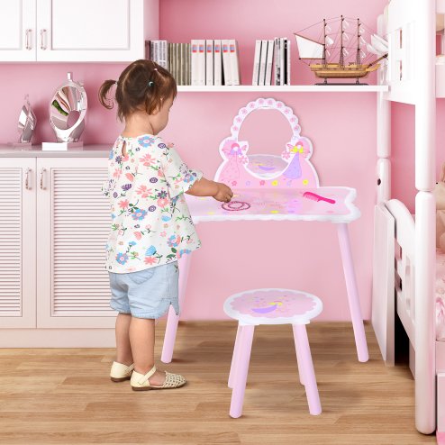 HOMCOM Kids Dressing Table Girls Pink Wooden Kids Dressing Table & Stool Make Up Desk Chair Toys Fairy Dresser Play Set w/Mirror Image