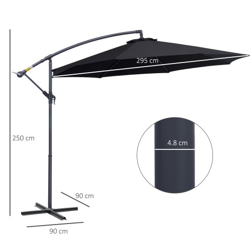 Outsunny 3(m) Garden Cantilever Parasol Patio Banana Hanging Umbrella Sun Shade with Crank and Tilt, 8 Ribs and Cross Base, Black