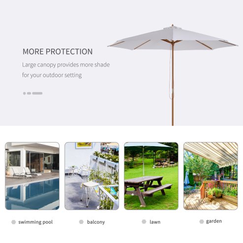 Outsunny 3(m) Garden Parasol, Pulley Operated Patio Umbrella, Wooden Parasol, Table Market Umbrella with Rope Pulley Mechanism and 8 Ribs, White