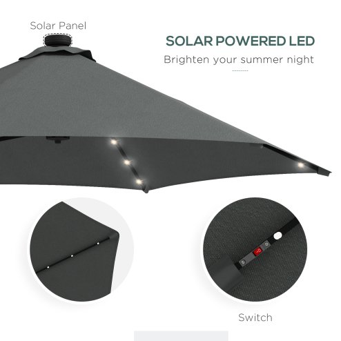 Outsunny 3(m) Cantilever Parasol with Solar LED and Easy Lever, Garden Parasol Umbrella with Cross Base and Waterproof Cover, Outdoor Sun Shades, Dark Grey
