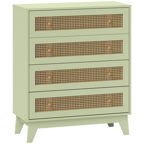 HOMCOM Chest of Drawers, 4-Drawer Storage Organiser Unit with Rattan Element for Bedroom, Living Room, Light Green