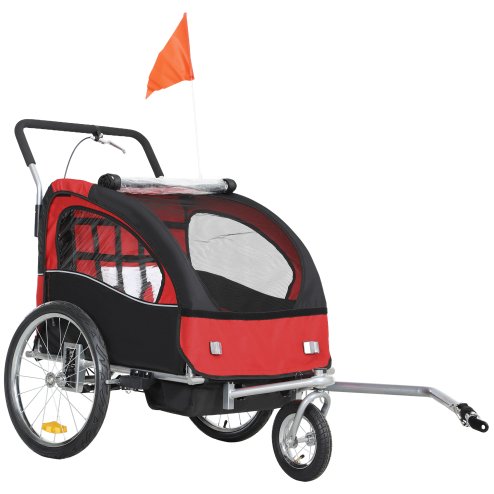 HOMCOM 2 Seat Bike Trailer for Kids, Baby Bike Stroller with 5 Point Harness, Child Bicycle Trailer with Safety Flag, Reflectors, Windproof Curtain, for 18+ Months, Red Image