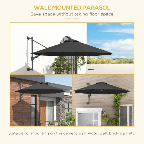 Outsunny 3 M Wall Mounted Garden Parasol Umbrella with Rotate, Outdoor Market Umbrella Sun Shade Canopy with 8 Ribs, Charcoal Grey