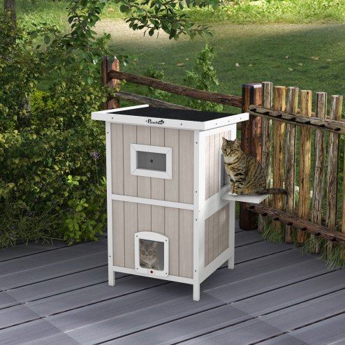 PawHut Outdoor Cat House, Wooden Cat Shelter 2 Tiers Feral Cat house with Removable Bottom, Escape Doors, Asphalt Roof, for 1-2 Cats - Light Grey