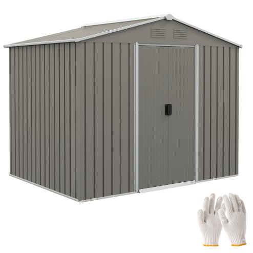 Outsunny 7.7 x 5.7ft Metal Garden Shed, Galvanised Outdoor Tool Storage House with Ventilation Slots and Sliding Doors, Light Grey