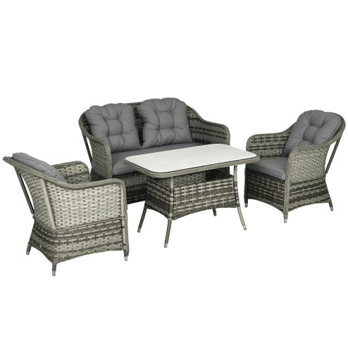 Outsunny 4 Pieces Rattan Garden Furniture Set, Round Wicker Garden Sofa Set with Loveseat, Armchairs and Glass Top Table, Outdoor Conservatory Furniture with Cushions for Patio, Balcony, Grey