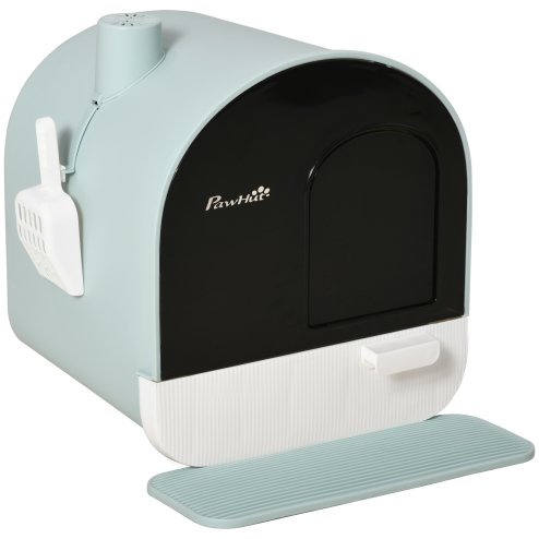 PawHut Cat Litter Box Kitten Litter Tray w/ Hood, Scoop, Filter, Flap Door, 43 x 44 x 47cm - Green Image