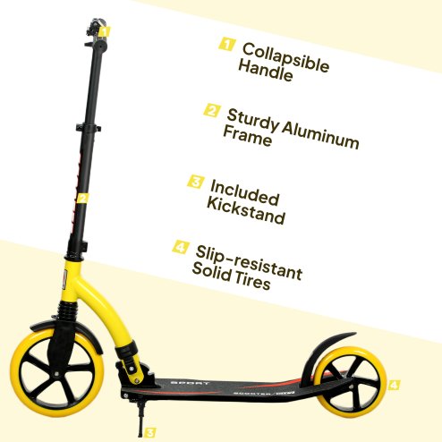 HOMCOM Foldable Kick Scooter with Double Shock Absorption and Big Wheels, Height Adjustable Aluminium Frame Big Wheel Scooter for 14+ Teens Adult - Yellow