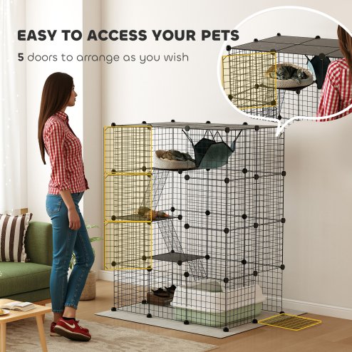 PawHut Cat Cage Indoor, DIY 4 Tier Wire Cat Enclosure with Hammock, Ramps, Doors, Jumping Platforms, Detachable Catio Indoor for 1-3 Cats, 105 x 70 x 140 cm, Black