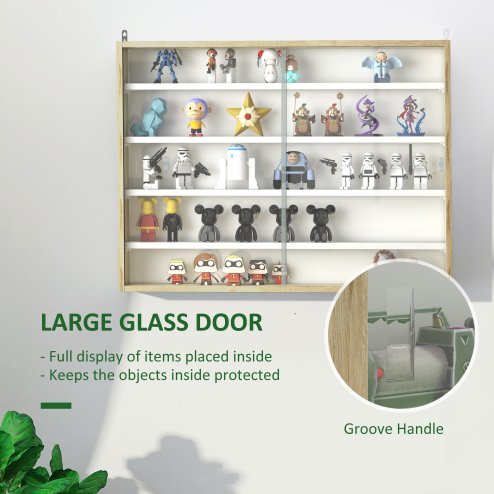 HOMCOM 5-Tier Wall Mounted Display Cabinet, Display Case with 4 Adjustable Shelves, Glass Doors for Home Office Ornaments 60x80cm, Natural