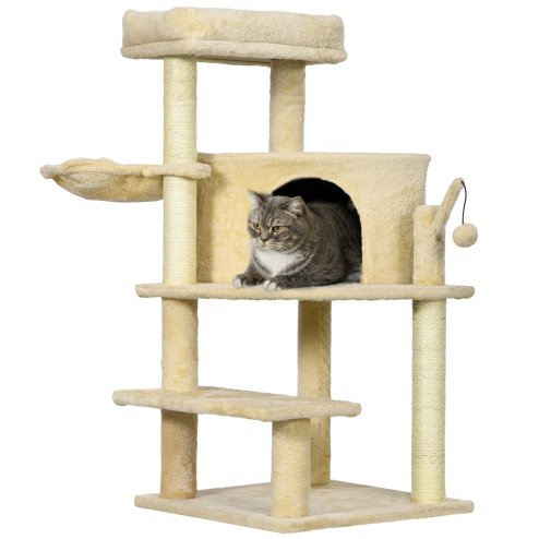 PawHut Cat Tree Tower for Indoor Cats Cat Scratching Post 100cm Climbing Frame Kitten Activity Centre with Sisal Condo Hammock Bed Hanging Toy, Cream White