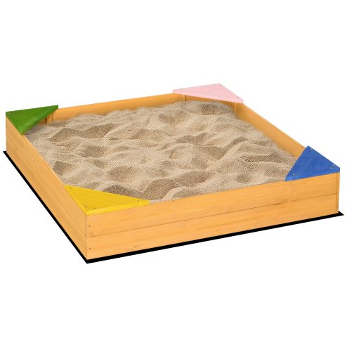 Outsunny Kids Wooden Sand Pit, Children Sandbox w/ Non-Woven Fabric, Four Seats, for Gardens, Playgrounds, 109 x 109 x 20cm - Natural Wood Effect