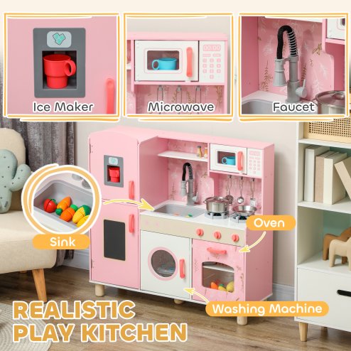 AIYAPLAY Toy Kitchen, Pretend Role Play Kitchen, Kids Kitchen Set with Lights and Sounds, Double Stoves, Ice Maker, Chalkboard, Microwave, Oven, Sink, 5 Accessories, for 3+ Years, Pink