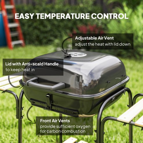 Outsunny Charcoal Barbecue Grill Portable BBQ Grill with 1840 cm? Cooking Area, 3 Shelves, Adjustable Vent, Lockable Lid, Wheels for Outdoor Cooking, Garden Party, Black