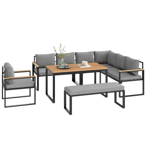 Outsunny 6 Piece L Shaped Garden Furniture Set, 9 Seater Outdoor Corner Sofa Set with 3 Loveseats, Bench, Chair, Wide and Deep Seats, WPC Top Coffee Table, Thick Cushions, Natural Wood Finish
