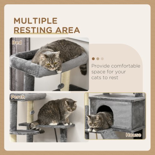 PawHut 148cm Cat Tree for Indoor Cats with Scratching Post, Cat Tower for Two Cats, with Cat House, Bed, Toy, Grey
