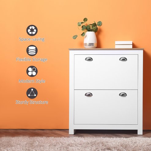 HOMCOM 2 Drawer Shoe Cabinet Modern Narrow Shoe Cupboard Hallway Wooden Storage Organiser with Flip Doors Adjustable Shelf for 12 Pairs, White