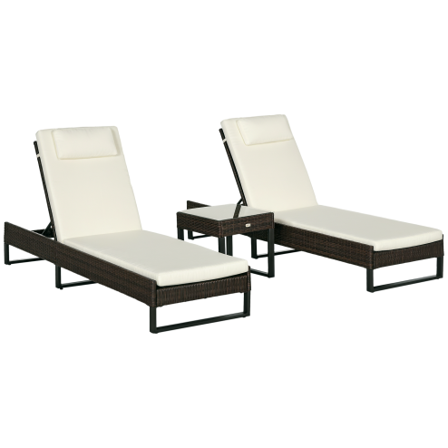 Outsunny 3-piece PE Rattan Sun Lounger Set with Adjustable 5-Position Recliner, Patio Chaise Lounge Chair Set with Cushions, Headrests, Glass Top Square Coffee Table, Brown