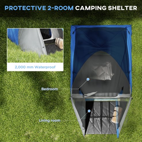 Outsunny 2 Man Camping Tent, Dome Tent with Bedroom and Living Room, 2000mm Waterproof, Portable with Bag, for Fishing Hiking Festival, Blue