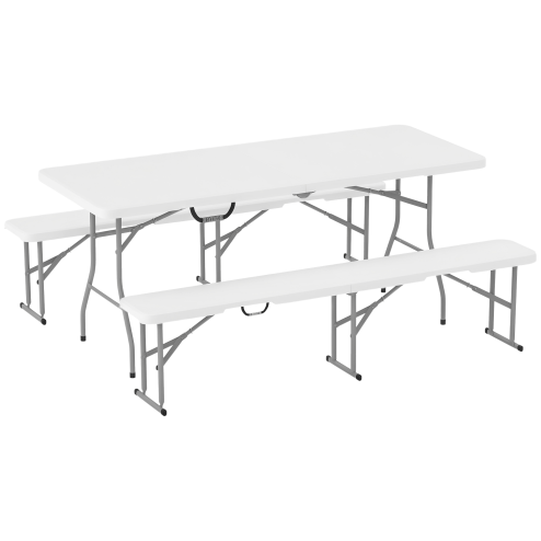 Outsunny 3 Piece 6ft Folding Picnic Table and Bench Set, Portable HDPE Camping Table and Chairs with Carrying Handles for Indoor Outdoor, Dining, Camping, Picnic, BBQ, Party, White
