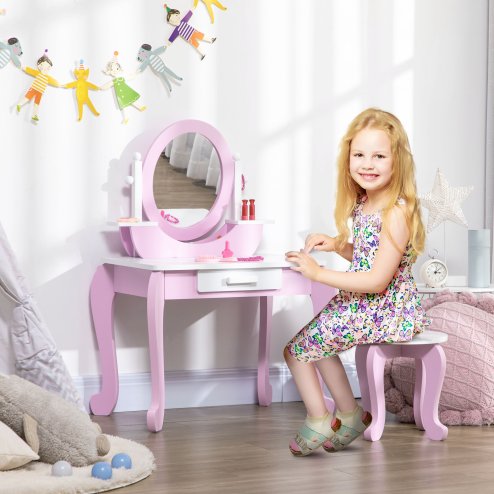 ZONEKIZ Kids Dressing Table, Kids Vanity Set, Girl Makeup Desk w/ Mirror, Stool, Drawer, for Ages 3-6 Years - Pink Image