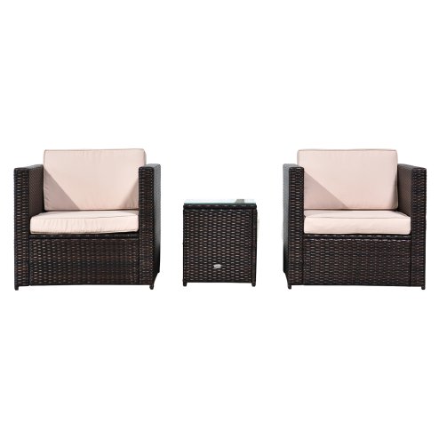 Outsunny 3 Pieces Rattan Bistro Set, Wicker Garden Furniture Set with Glass Top Coffee Table and Chairs, Thickened Washable Cushions for Outdoor, Patio, Balcony, Brown
