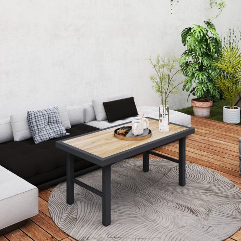 Outsunny Metal Garden Coffee Table, Outdoor Side Table with SPC Woodgrain Tabletop for Outside, Garden, Balcony, Porch, 100 x 53 x 46cm, Brown Wood Effect